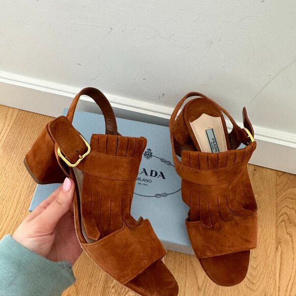 Prada Fringe Slingback Sandals Brown Suede Leather Chunky Block Heels Size 39 - Picture 2 of 13
